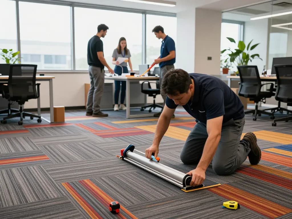 Commercial carpet installation scene with expert laying durable tiles in modern office.