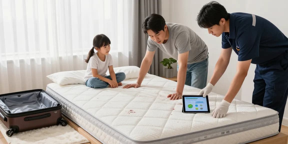 Bed bug exterminators inspecting a residential bedroom for signs of infestation.