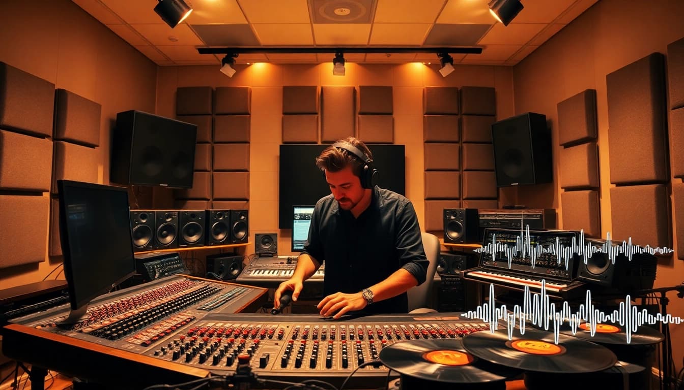 Enhance your audio with our online mastering services, showcasing a professional sound engineer at work.