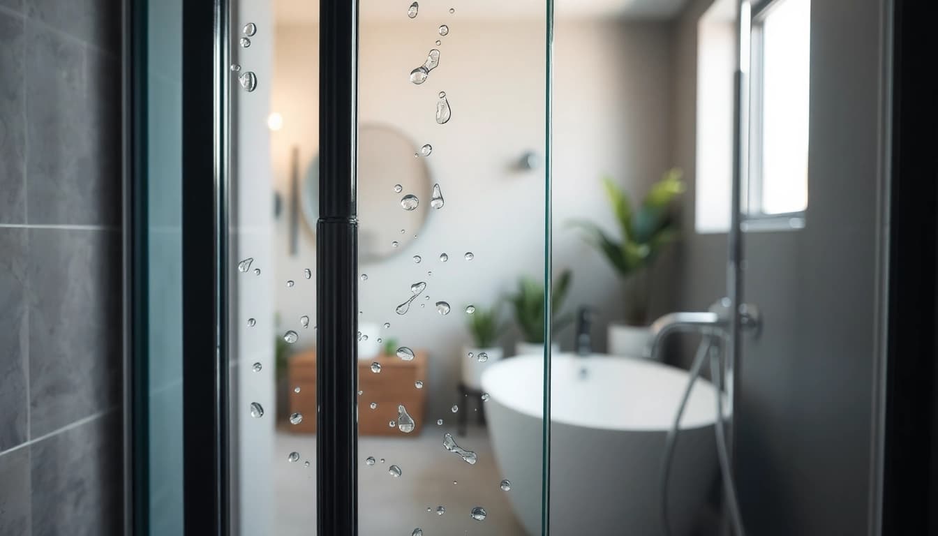 Enhance your bathroom with a stylish black shower door, showcasing its sleek design and modern appeal.