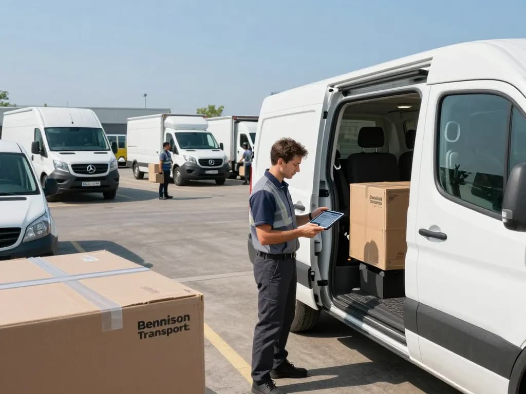 Time critical logistics with Bennison Transport driver preparing cargo for fast delivery in clean, modern vehicles.