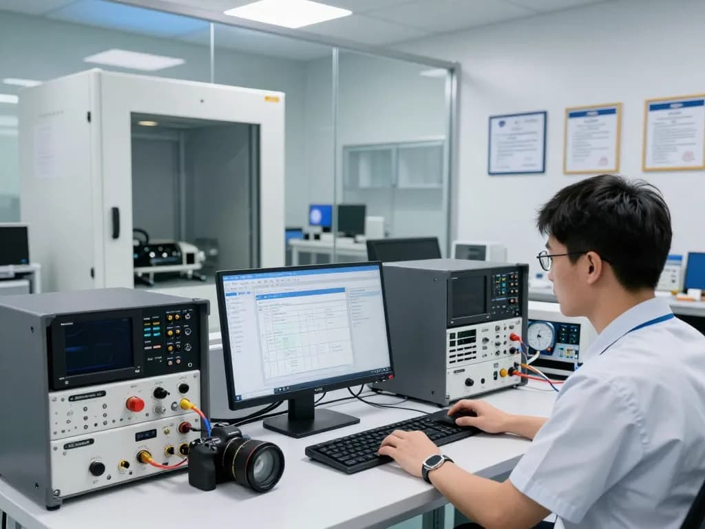 Engineer evaluating EMC testing results in a high-tech laboratory, ensuring ETSI compliance.