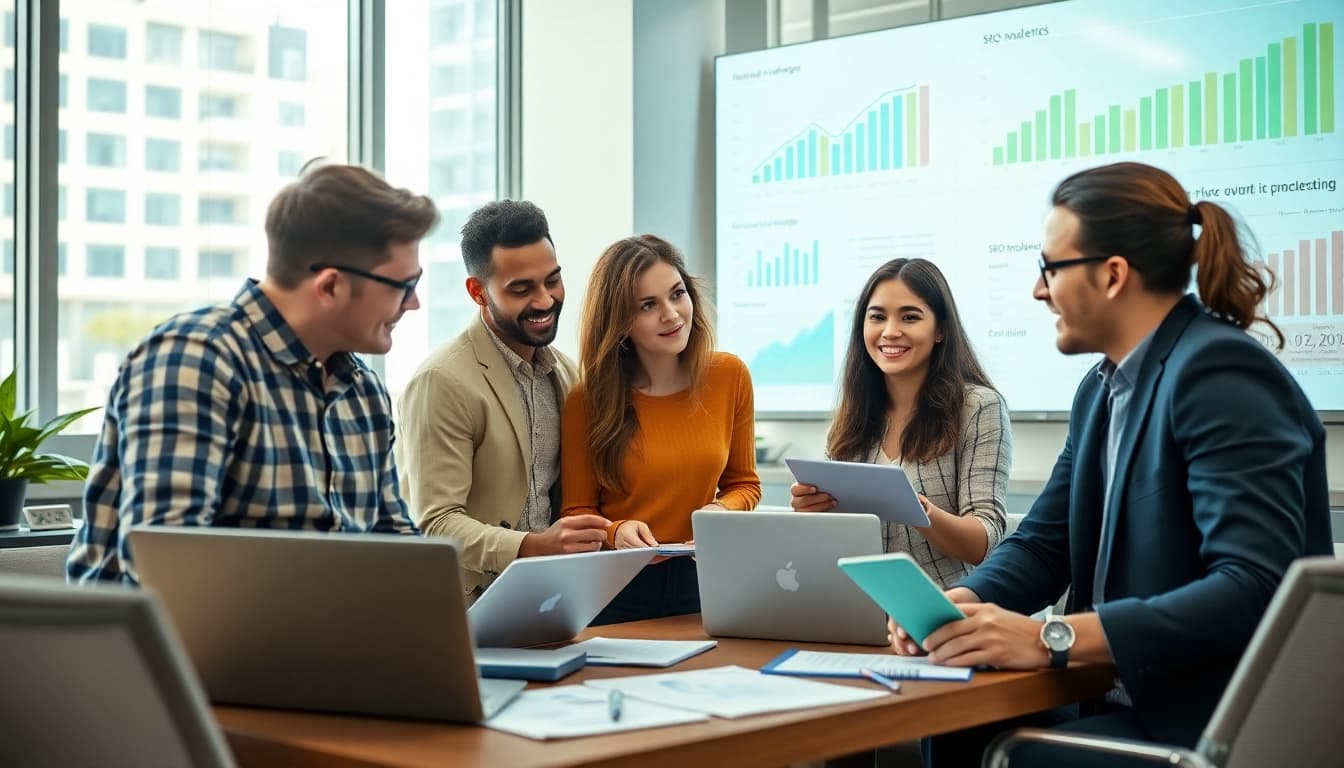 Showcase Search Engine Optimization Clearwater strategies with a professional marketing team collaborating effectively.