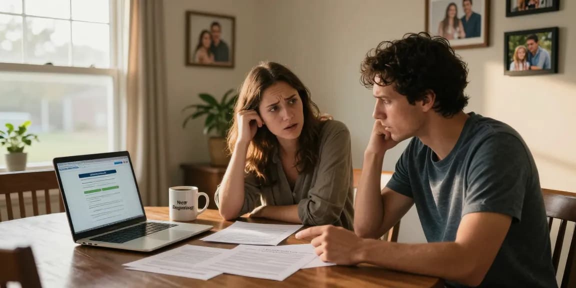Couple exploring how can you get rid of a timeshare at home, with paperwork and a laptop showing a cancellation guide.