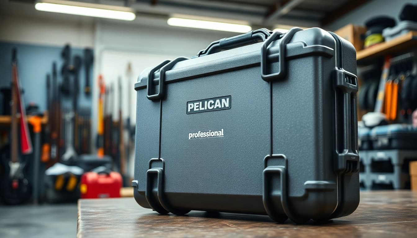 Showcase a Pelican gun case for sale in a workshop highlighting its durability and features.