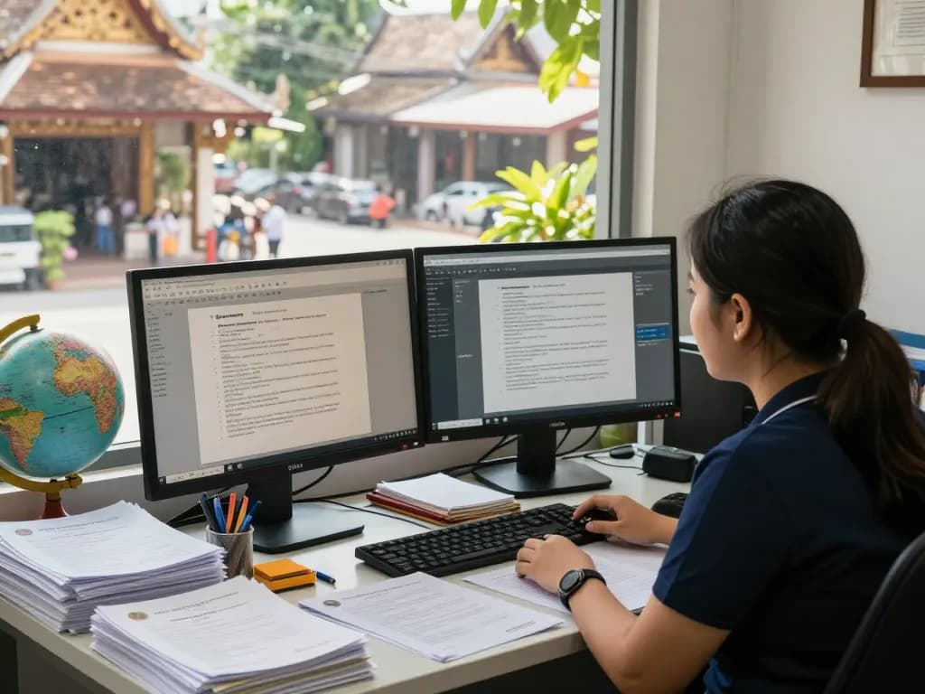 Certified translation services in Chiang Mai workspace with documents, translator, and city view.
