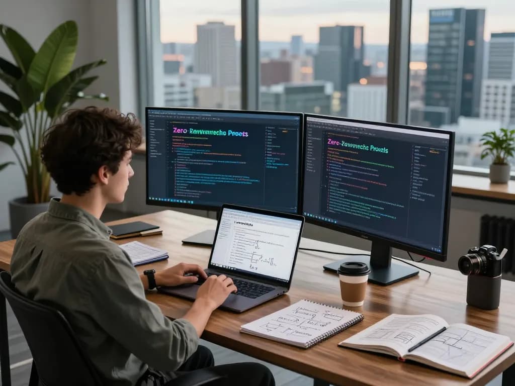 Data scientist analyzing a zero knowledge proof guide in a high-tech workspace with monitors and documentation.