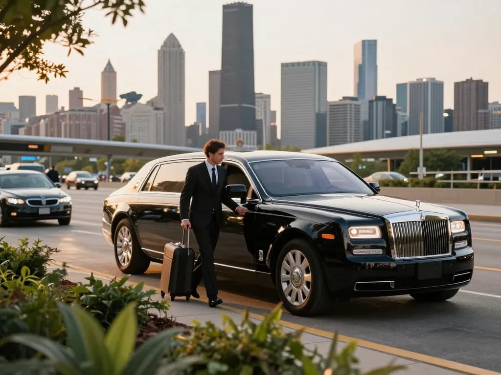 Plainfield to Midway limo service, luxury sedan arriving at Chicago airport with professional chauffeur.