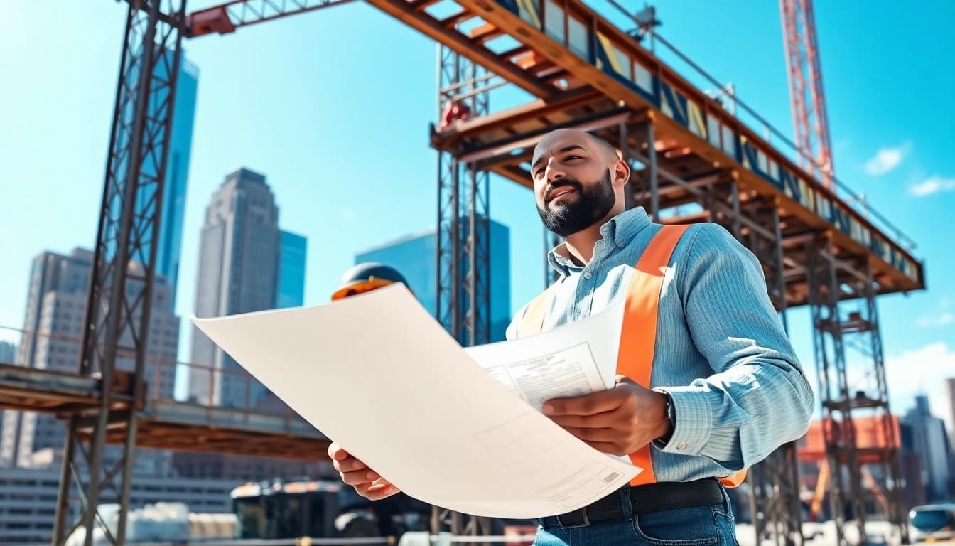 Manhattan General Contractor reviewing blueprints at a busy construction site in New York City.