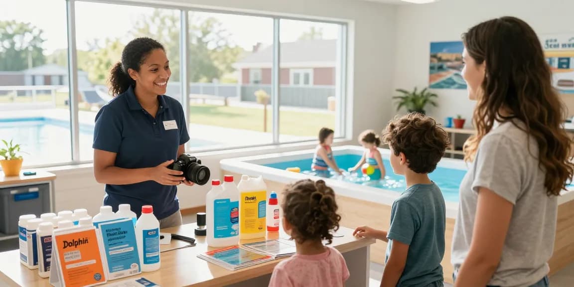Dolphin Pool Services showroom with friendly staff assisting family in pool care selection