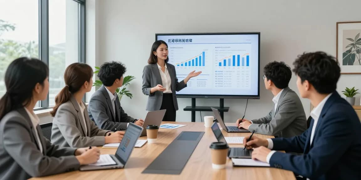 Team meeting discussing joint venture funding program in modern conference room with data visualizations.