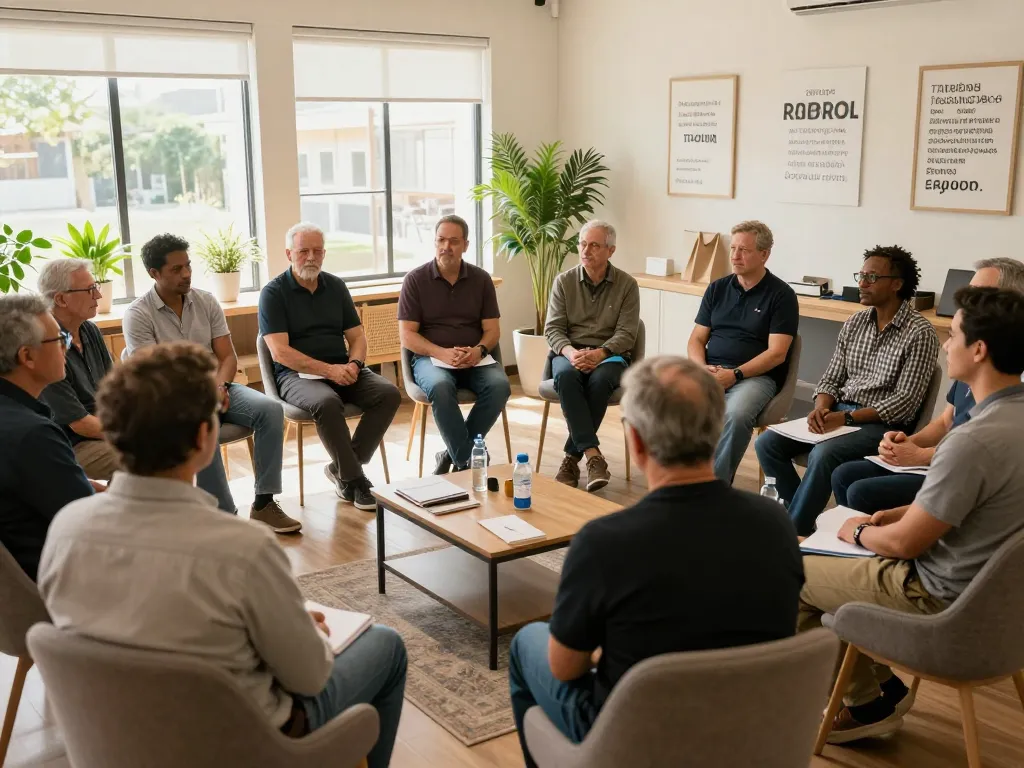Bonding moment at a manclub support group, showing men sharing stories in a warm, inviting setting.