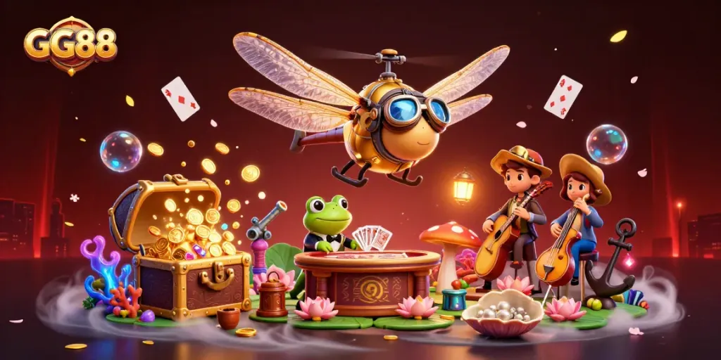 Experience the thrill of GG88 casino with vibrant characters and gold-filled treasures in this dynamic scene.