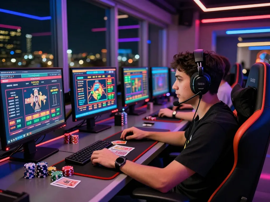 Engaging scene of a player at a modern gaming setup focused on nhà cái uy tín, dual screens with betting platforms illuminated by colorful LED lights.