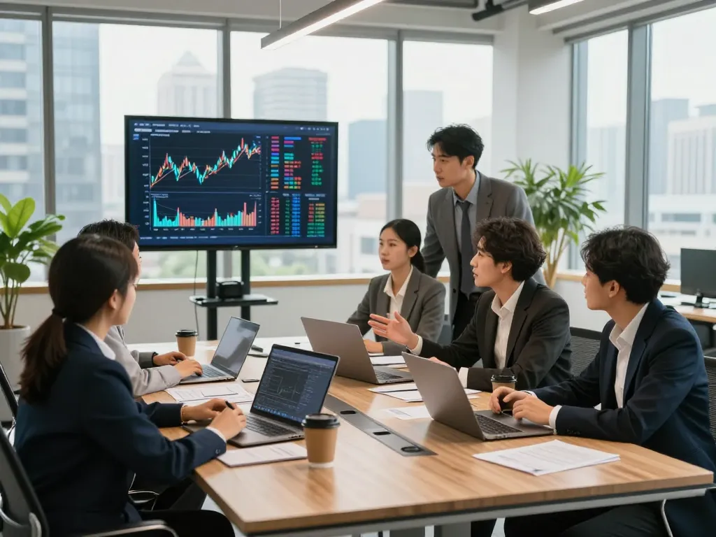 Investment team collaborating in a modern office, showcasing diverse professionals analyzing strategies for a global investment group.