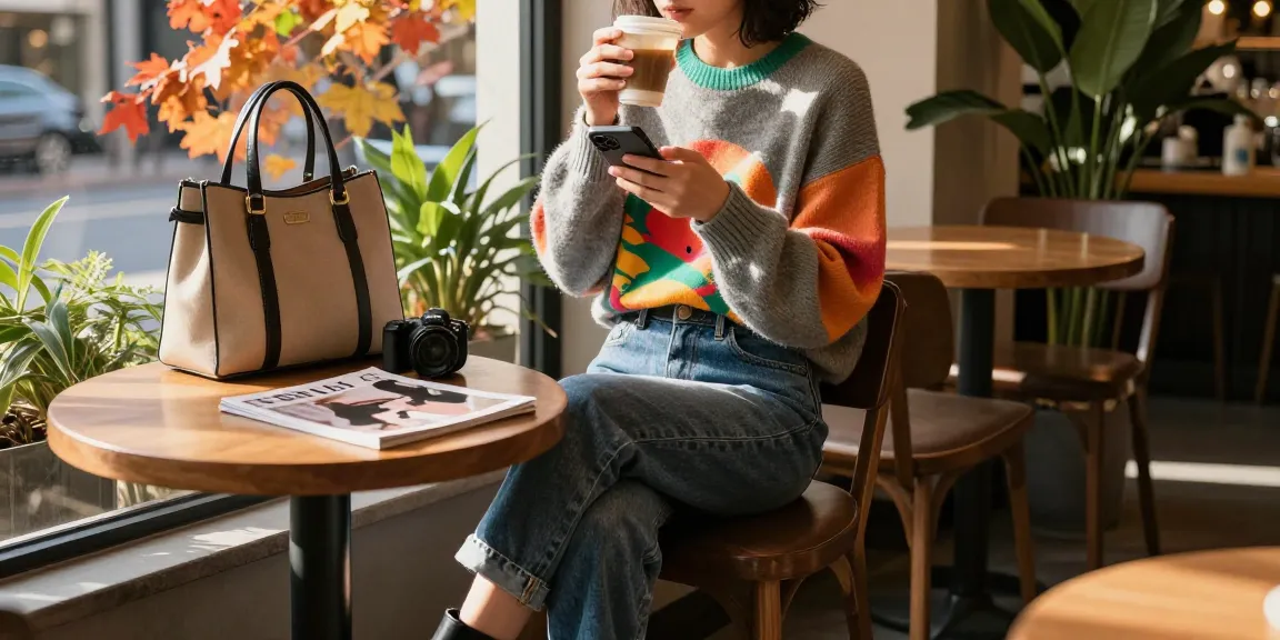 Fashionable individual enjoying coffee in urban café, showcasing trendy outfit and lifestyle.