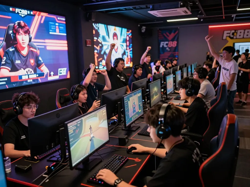 Engaging esports betting scene showcasing fans lively supporting FC88 in a vibrant arena.