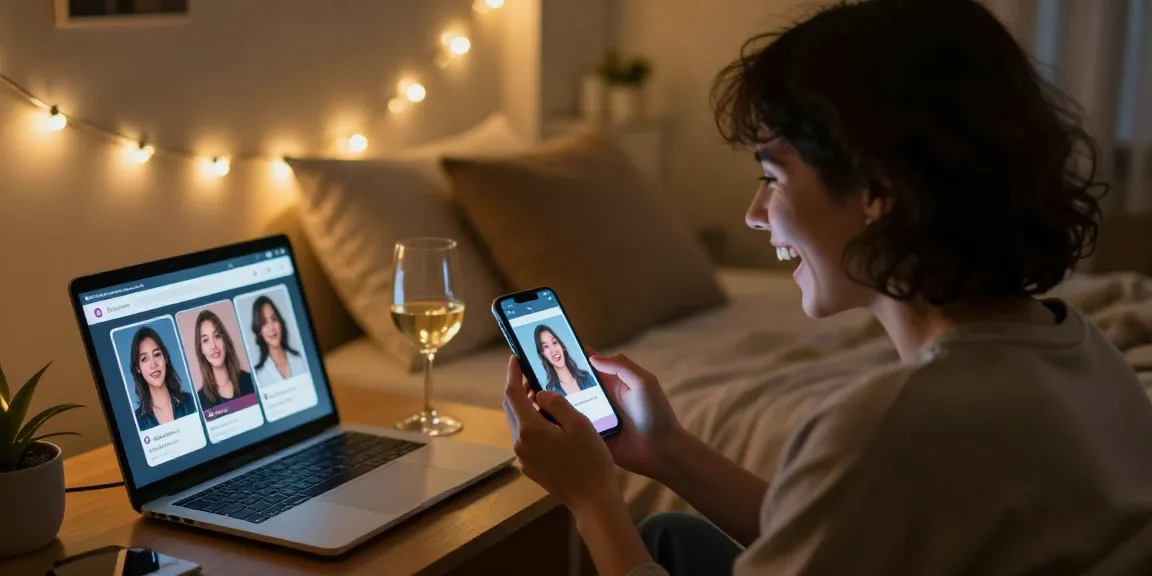 Engaging in sexting AI chat in a cozy bedroom, person enjoying interaction with virtual partner.