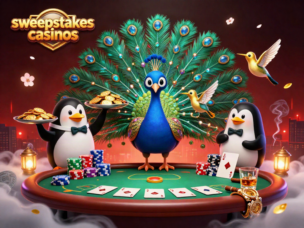 Engage with sweepstakes casinos through a vibrant 3D illustration showcasing colorful poker elements.