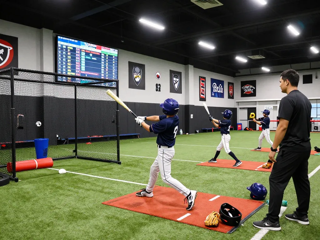 Young athletes training at hitclub baseball facility with dynamic action and coaching support.