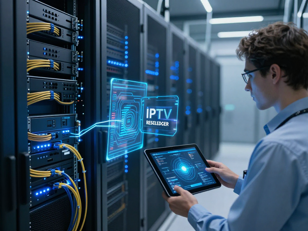 An advanced IPTV panel interface displayed in a modern data centre, highlighting efficient cloud computing and seamless software development.