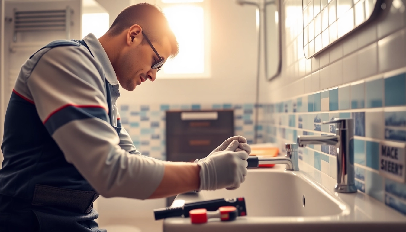 Find a skilled plumber near me fixing a sink in a modern bathroom.
