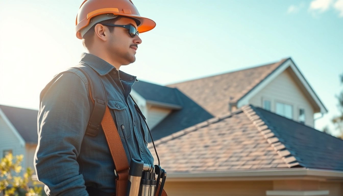 Roofing contractor inspecting a residential roof with expertise and tools, showcasing professional service.