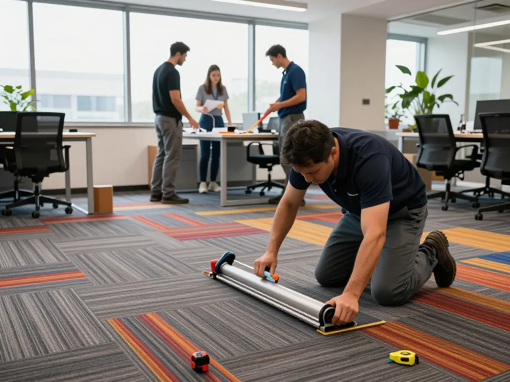 Commercial carpet installation scene with expert laying durable tiles in modern office.