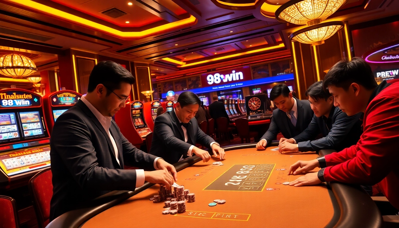 Watch enthusiastic players engage at the 98win poker table, feeling the excitement of gambling.