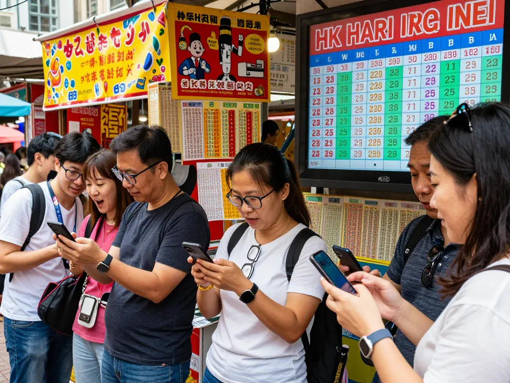 Kegembiraan lotere urban secara langsung saat pemain memeriksa hasil HK Hari Ini di perangkat mobile mereka, menampilkan keterlibatan komunitas.