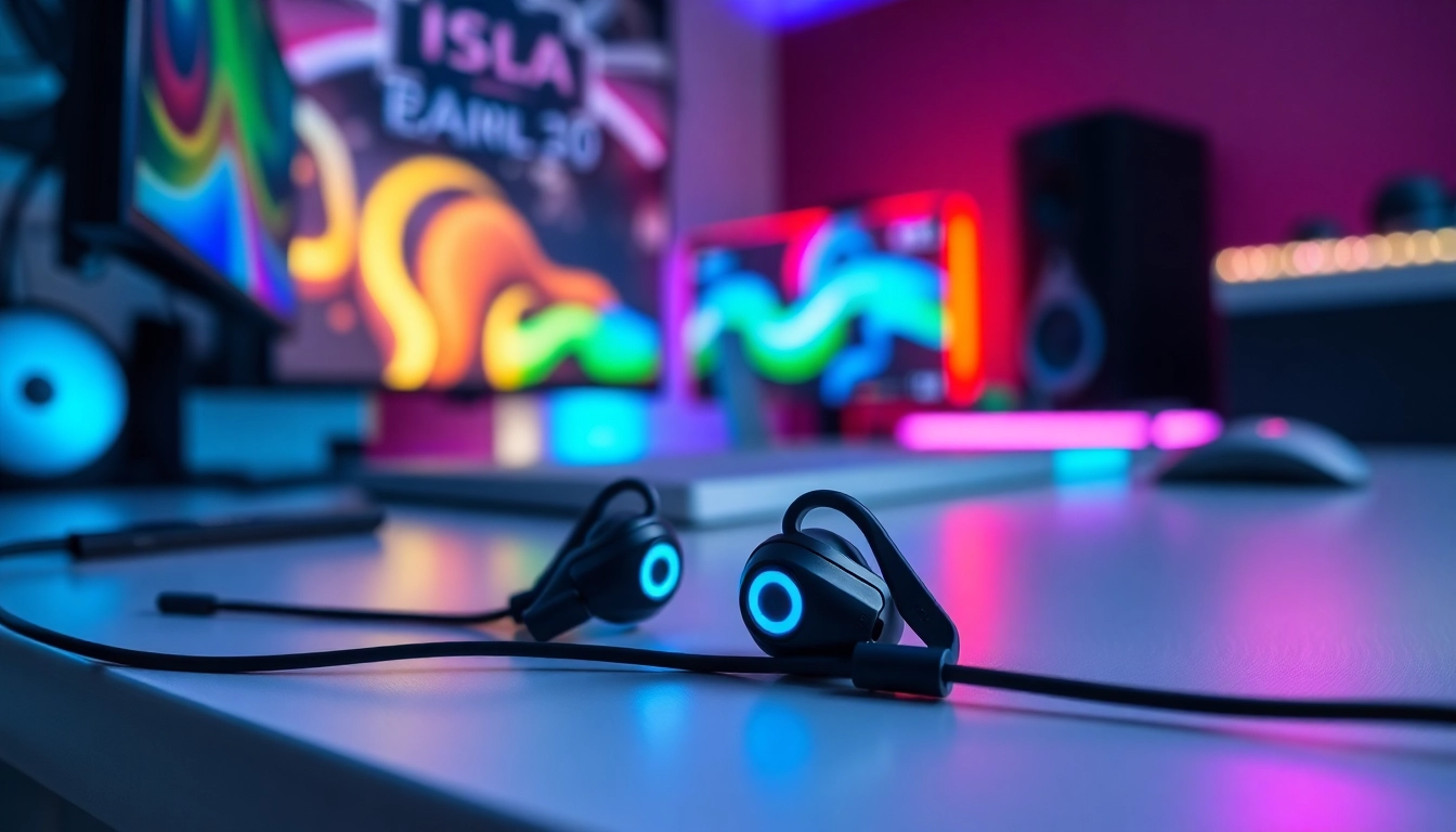 Experience the high-quality sound of PRO60 Gaming Earbuds showcased in a vibrant gaming environment.