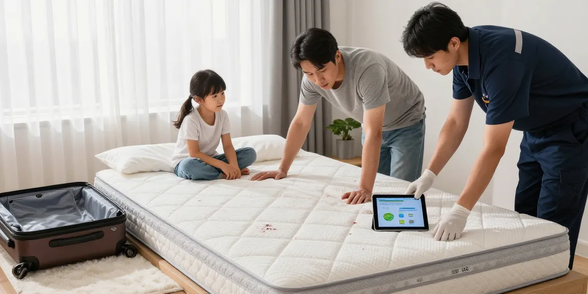 Bed bug exterminators inspecting a residential bedroom for signs of infestation.