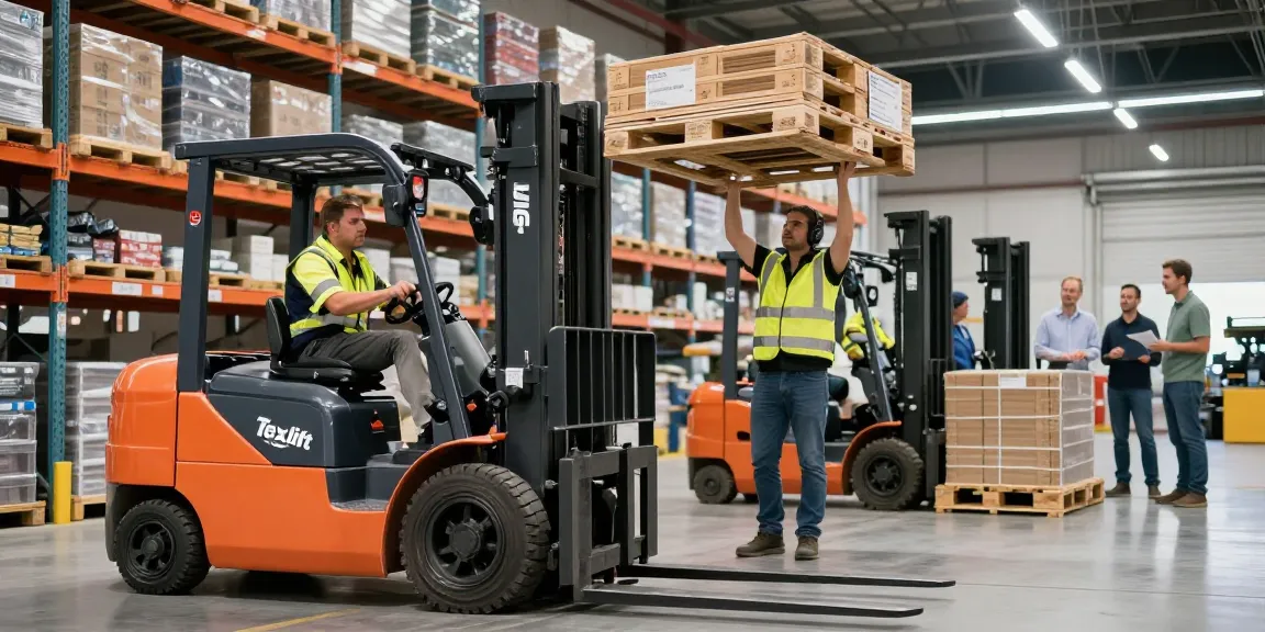 The best forklift for sale in Dallas on display in a busy warehouse, showcasing electric telescopic wheel loaders and stackers in action.