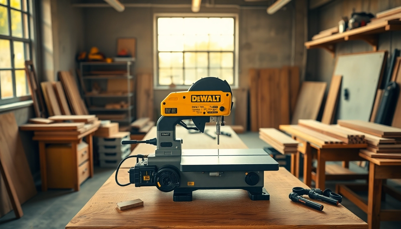 DeWalt band saw cutting wood in a professional workshop setting.