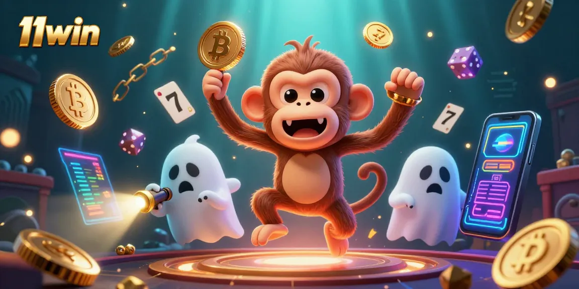 Engage with 11win's haunted casino scene featuring a playful monkey and a ghost-hunter puppy.