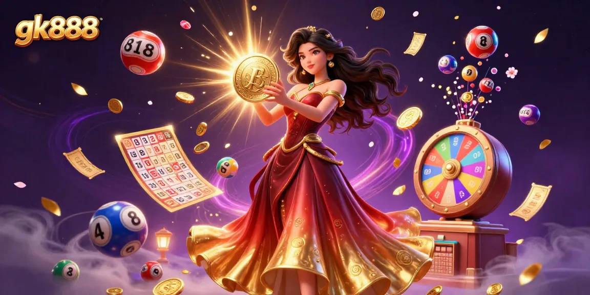 Win big with gk888 in an exciting casino-themed illustration featuring colorful lottery elements.