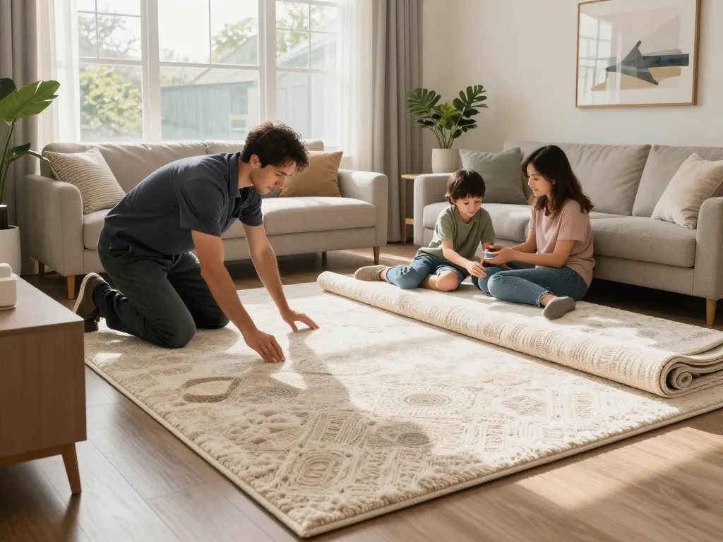 Professional installer performing residential carpet installation in a beautifully decorated living room with natural lighting.