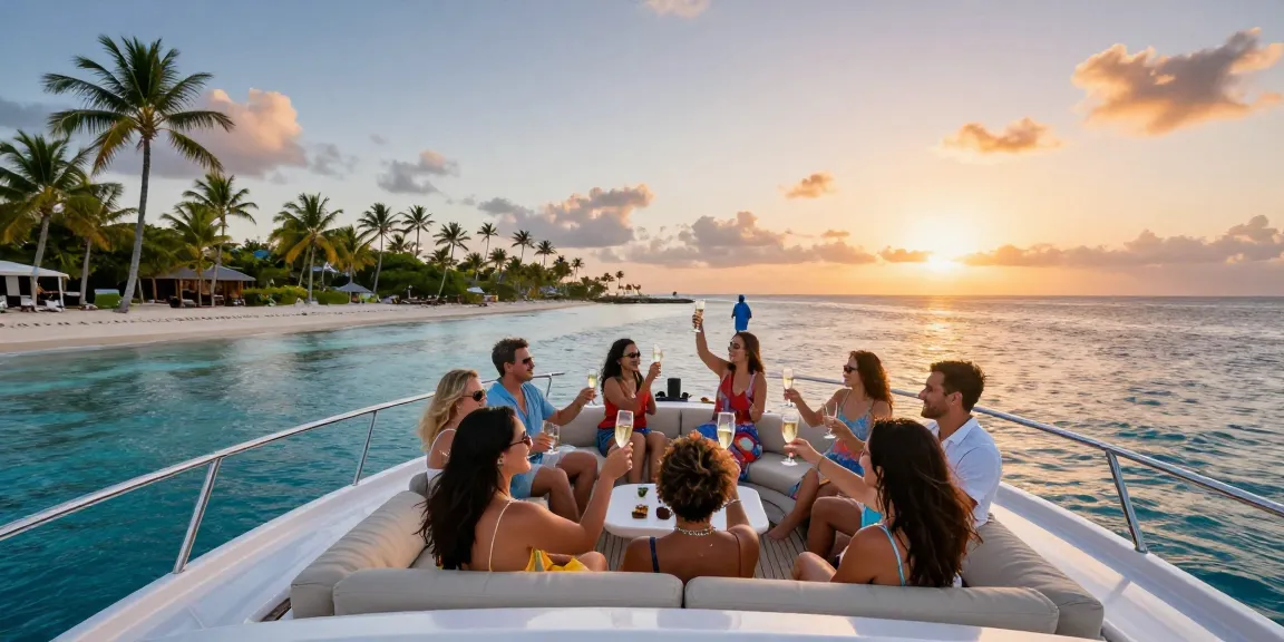 Exciting yacht charter Punta Cana experience with friends celebrating on a luxury yacht during sunset, surrounded by tropical beauty.