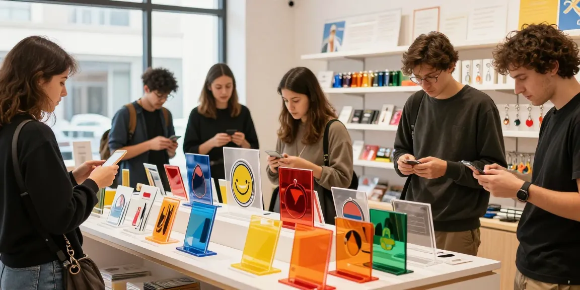 Colorful acrylic stand designs on display, showcasing custom options for diverse shoppers.