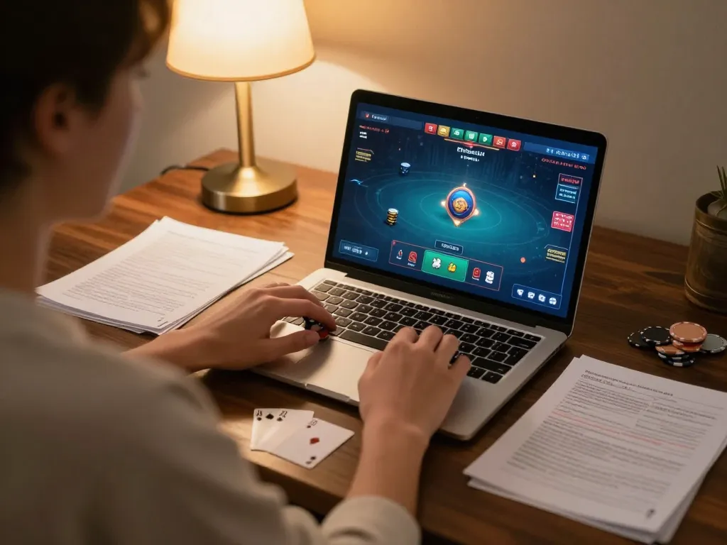 Play poker online with fly88 in a cozy home setup, featuring strategy notes and laptop.
