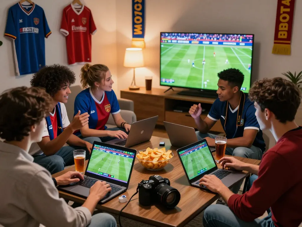 SBOBET88 online betting excitement with friends during a football match, laptops and snacks on the table.
