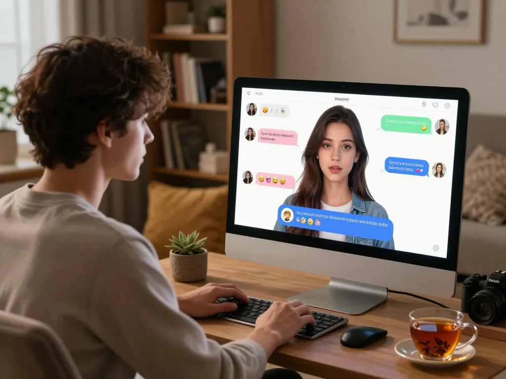 The portrayal of a user engaged in a proactive porn chat ai session, interacting with a lifelike AI avatar on a stylish computer screen in a cozy living room.