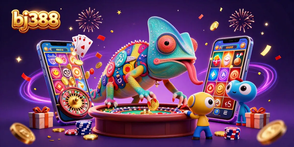 Experience the dynamic and immersive world of bj388 with a chameleon casino owner surrounded by vibrant gaming elements.