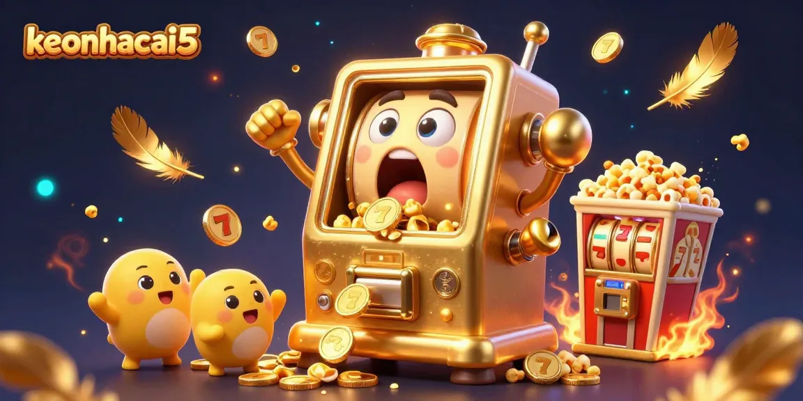 Engage with keonhacai5 as a golden slot machine celebrates a jackpot amidst a lively casino atmosphere.