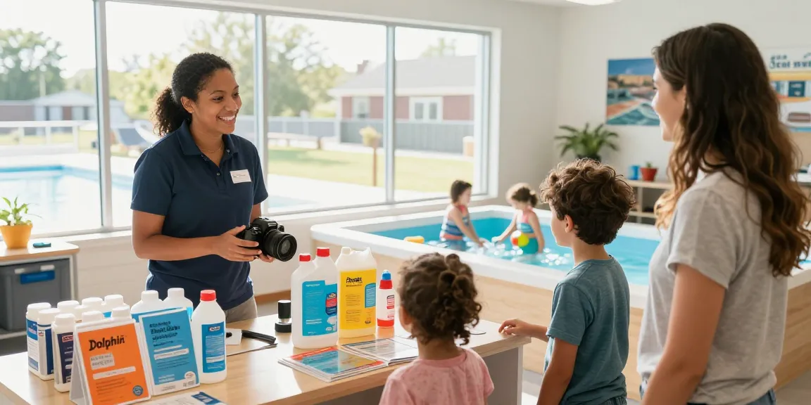Dolphin Pool Services showroom with friendly staff assisting family in pool care selection