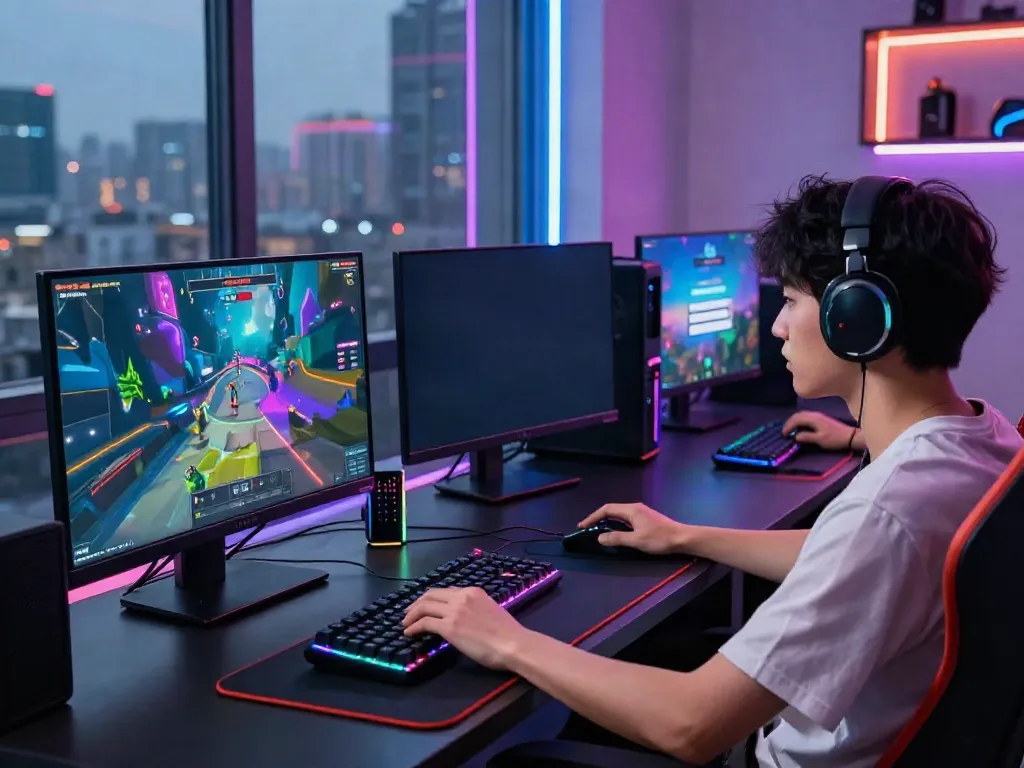 Engaged gamer at ROKOK88 login, surrounded by gaming setup and vibrant lighting.