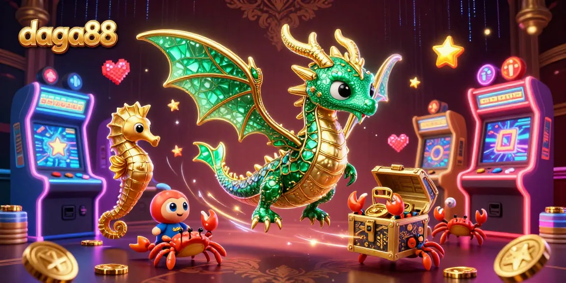 Dive into the exciting world of daga88 with a colorful 3D casino illustration featuring a sea dragon, arcade games, and treasures.
