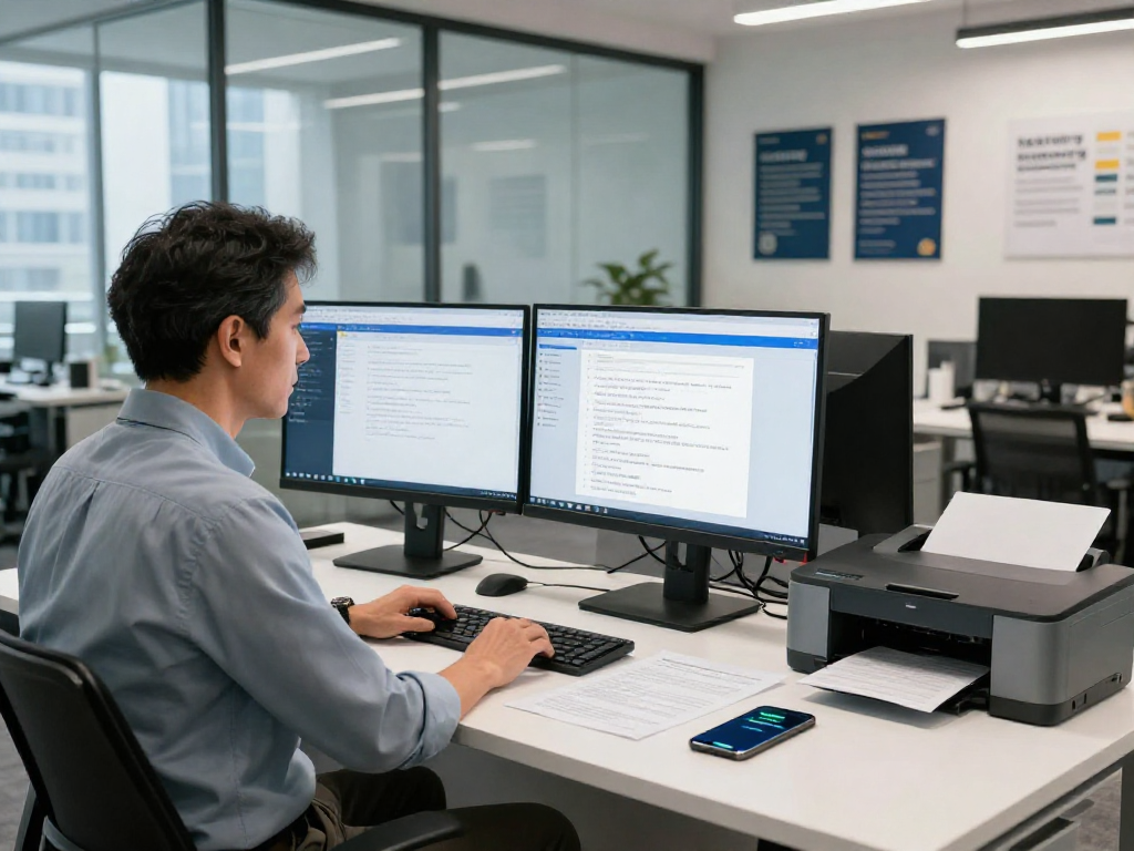 Professional engaging in document fraud detection analysis with advanced software tools in a modern office.