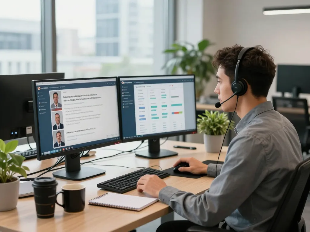 Automated phone interview in a modern office setting with a recruiter engaging with candidates.