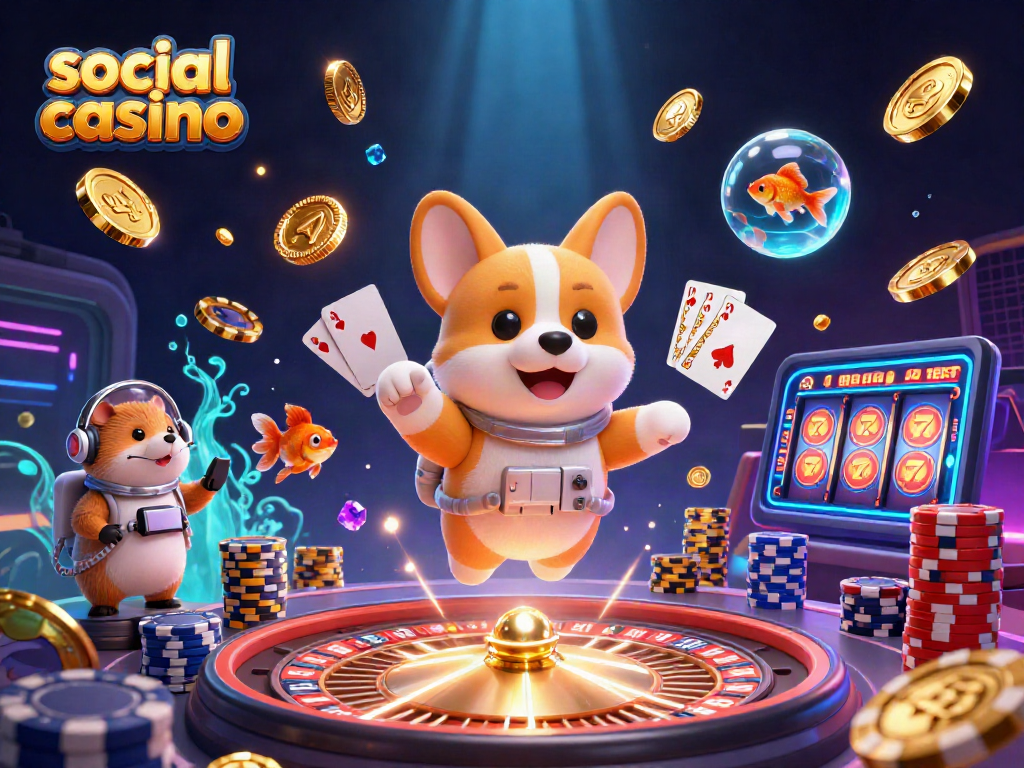 Experience the excitement of a social casino with our playful 3D illustration featuring unique characters and vibrant gameplay elements.